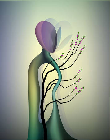 tree soul in the spring time, man shape tree in blossom, spring dream icon concept, surrealism, vectorのイラスト素材