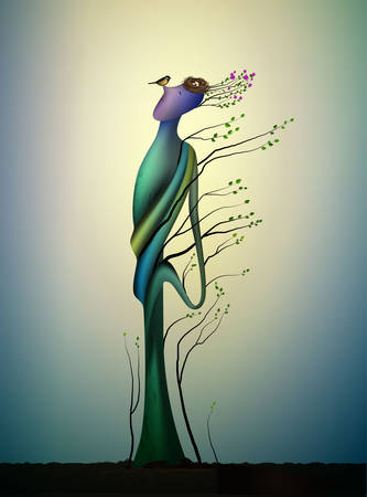 alive happy spring tree with titmouses bird, concept of happy tree, tree soul, man like smile to the bird, fairytale in the nature, plant alive idea,のイラスト素材