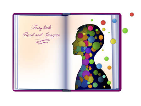 fairy childhood, reading and imagination concept, empty book page looks like paper boy silhouette,のイラスト素材