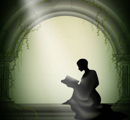 girl sits and reads book in the Renaissance castle, romantic reading with beam of light,のイラスト素材