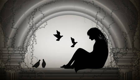 girl sits on the window and flock of pigeons fly to her, girl sits on the old fashioned attic with column and think about something, girl from fairytale, scene,のイラスト素材