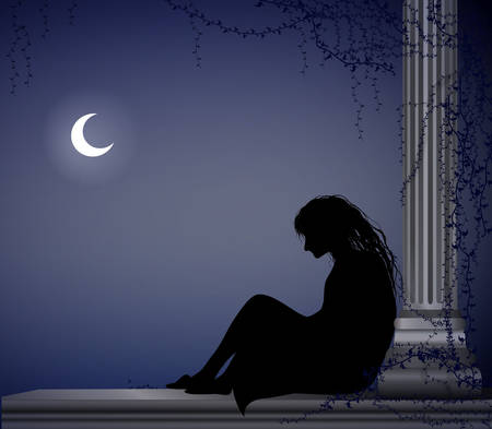 woman sit near the column and wait somebody under the moon light, lonely date, sad girl waits somebody, scene, vectorのイラスト素材