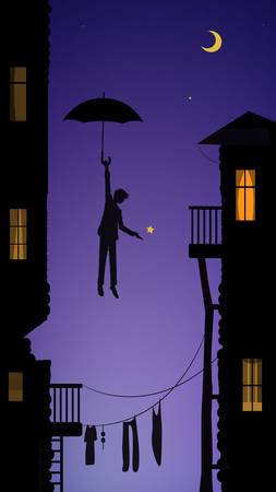 boy hanging the moon, dreamer in the city, fairytale scene in the cityのイラスト素材