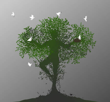 tree soul, spirit of the forest, birds return to the alive tree,のイラスト素材