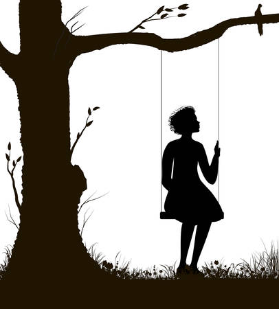 girl on the swing silhouette, childhood memories in summer day, black and white,のイラスト素材