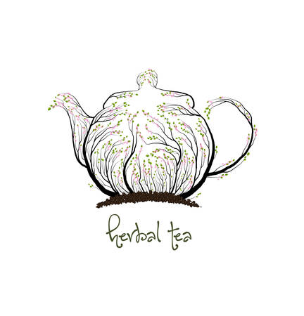 ecological product concept, teapot looks like tree on white background, herbal tea concept, tea eco production, vectorのイラスト素材