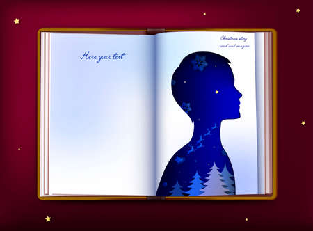 Christmas story concept, fairy childhood, Christmas inside the fairy book, kids dream about santa, empty book page looks like paper boy silhouette,のイラスト素材
