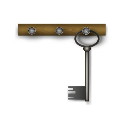 key hanging on the wooden plank on the white background, vectorのイラスト素材