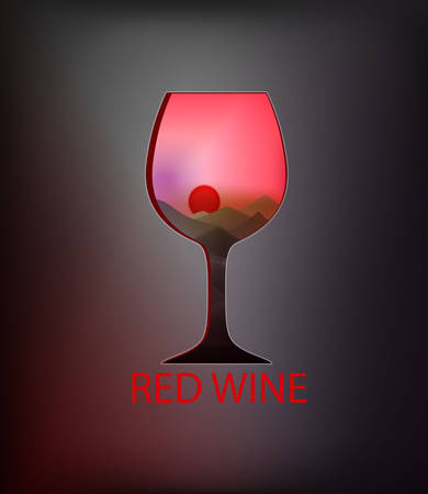 red wine concept, glass of wine looks like window to mountain area with bright sun,のイラスト素材