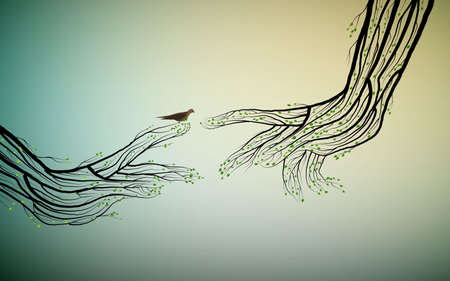 Human hands look like tree branches covering the bird, give life to nature, green environment concept, green human concept,のイラスト素材