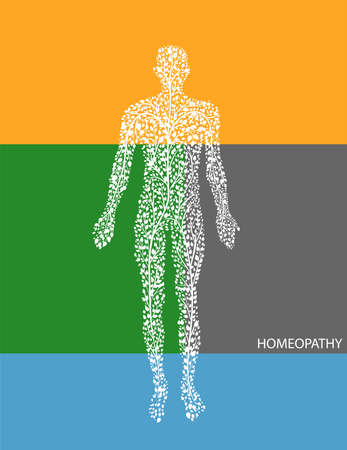 concept of homeopathy or eco green medicine, man silhouette build with small green leaves on abstract colored background, vectorのイラスト素材