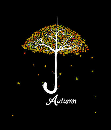 autumn concept, umbrella looks like tree with colored leaves on the black background,のイラスト素材