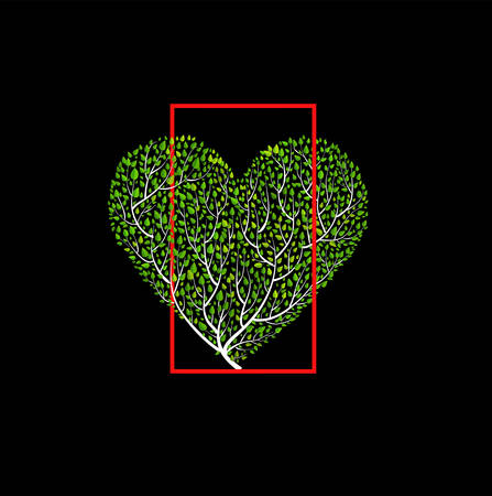 Valentine composition tree green heart in red frame, bush looks like heart creating from branch on the black background, vectorのイラスト素材