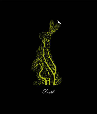 creative forest , save the forest animal idea, hare looks like tree on black background, forest or park emblem,のイラスト素材