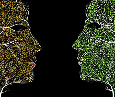 two seasons concept, autumn and spring, autumn and spring icons look like woman faces creating from colored leaves and flowers, vector,のイラスト素材