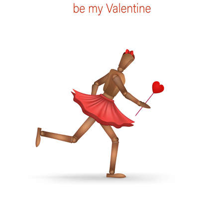 creative valentine card, hurry up be my valentine idea, realistic wooden marionette running with red heart isolatedのイラスト素材