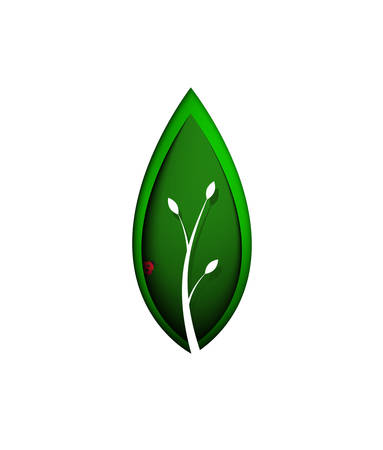 spring symbol, green leaf with ladybug inside, layered green leaf on the white background, eco concept, protect the plant idea,のイラスト素材