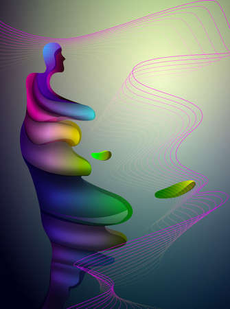 colors and shape of emotions concept, futuristic man, human feels wing of changes, abstract man shape with liquid shape, surrealismのイラスト素材