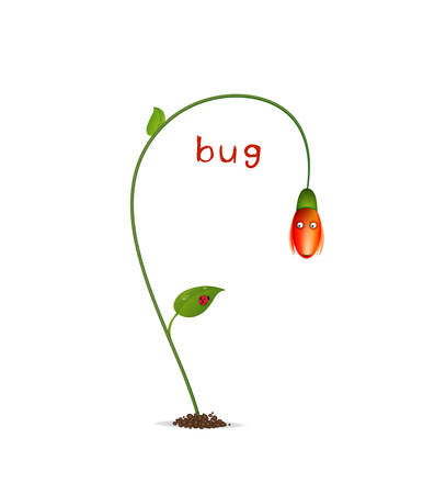 spring character on the white background, red flower and bud, flower cartoon character flower surprised with red ladybug sceneのイラスト素材