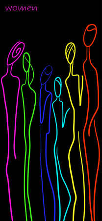 women concept in modern creative style, women are different concept, crowd of vivid colored figures on the black background, vectorのイラスト素材