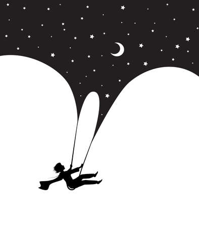 concept of childhood night dream at midnight, dream scene in black and white, boy silhouette on the swing flying under the night sky, shadow storyのイラスト素材
