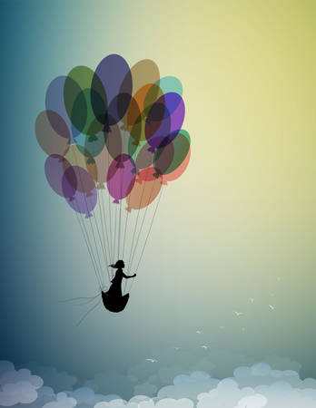 childhood dream concept, girl silhouette flying on the air baloon and flying up to the sky with flock of flying birds, dreamer, flight to the dreamland, shadow story vectorのイラスト素材