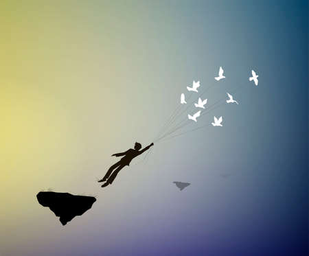 boy is flying away and holding pigeons, fly in the dreamland, fly away in your dream to the heavens, shadows, life on flying rock, silhouette.のイラスト素材