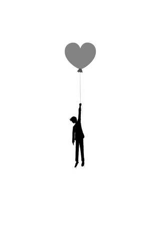 in love concept, boy silhouette holds the heart shaped balloon, dreamer concept, shadow story vectorのイラスト素材