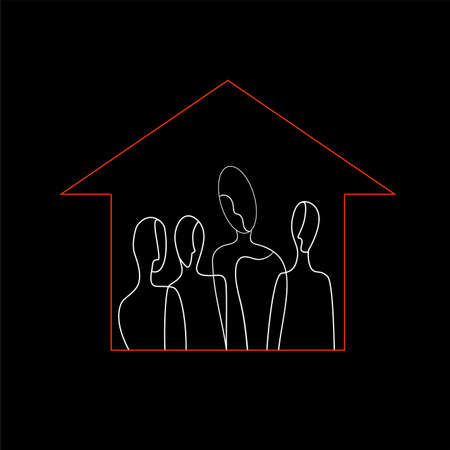 stay home concept, covid-19 self isolation, crowd of white colored people inside the red colored house shape, vectorのイラスト素材