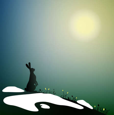 spring rabbit landscape, hare on the top of snowy hill look at spring sun, spring comes, Easter nature scene, shadowsのイラスト素材