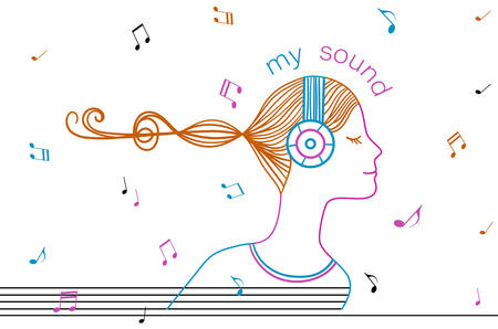 girl listens to music, teenager girl music creative logo, vivid colored girl profile in earphone on the white background,のイラスト素材