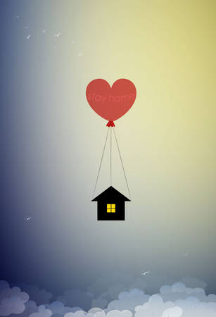 stay home concept,sace life stay home, house hanging on the red heart shaped balloon and flying up to the sky, home isolation,のイラスト素材