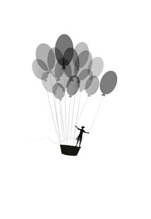 dream concept, girl silhouette flying on the air baloon and flying up to the sky, dreamer, flight to the dreamland, shadow black and white story, vectorのイラスト素材