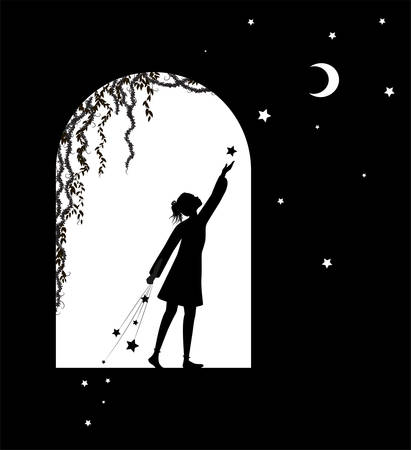 girl silhouette puts stars and moonのイラスト素材