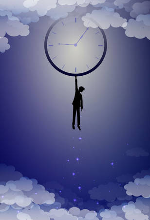 your time concept, hold on your imagination time idea, boy silhouette holds clock above the clouds, man hanging with clock at night sky, time to dream, vectorのイラスト素材