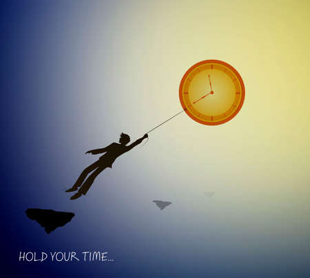 concept of the best time memories, man silhouette holding the clock like sun on the heavens sky, holding the best time memories creative idea,のイラスト素材