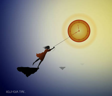 concept of the best time memories, girl silhouette holding the clock like sun on the heavens sky, vectorのイラスト素材