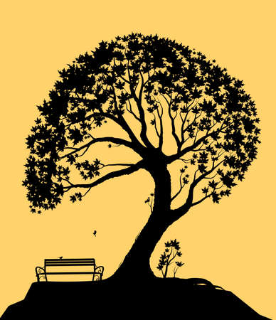 summer memories concept, bench under the big maple tree with sparrow or titmouse birds silhouette summer scene, vector.のイラスト素材