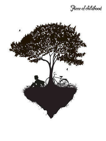 Childhood memories, piece of childhood, boy sitting under the tree with bicycle, park fantasy scene in black and white, tree on flying rock, silhouetteのイラスト素材
