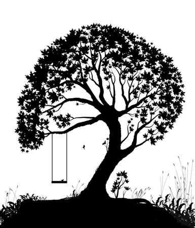 swing on tree, childhood memories in summer day, piece of childhood, black and white, shadowsのイラスト素材