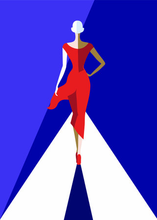 woman in red dress walking on the catwalkのイラスト素材