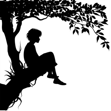 boy silhouette sitting on the tree, black and white,のイラスト素材