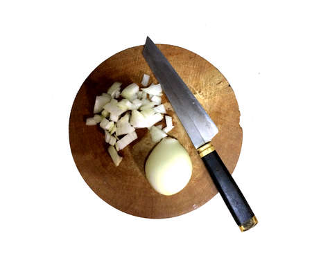 Chopped onion on a wooden boardの写真素材