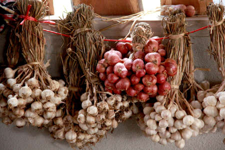 Garlic and  Red Onion hanging on the wall of the houseの写真素材