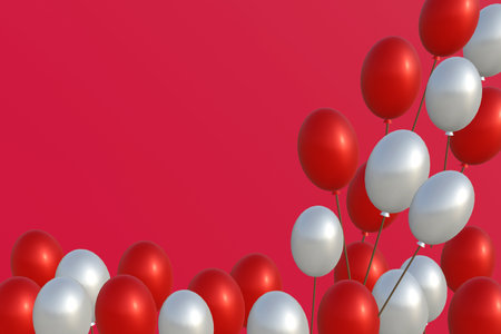Red and white balloons on a red background. 3D illustration.の写真素材