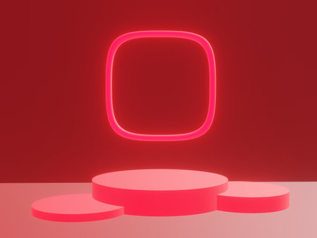 3d render of podium with neon lights on a red background.の写真素材