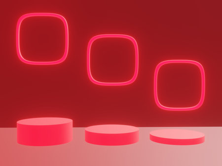 3d rendering of red podium for product display with neon light.の写真素材