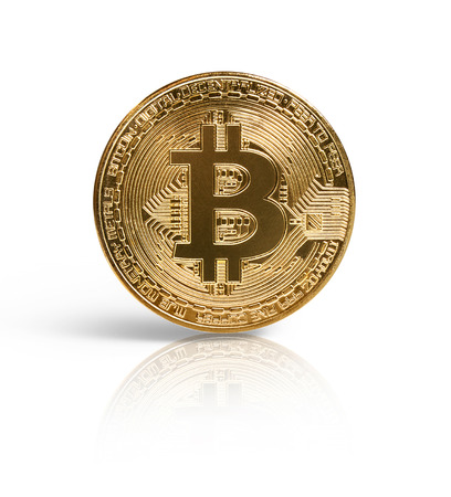 Gold bitcoin physical isolated on white background with reflectionの写真素材