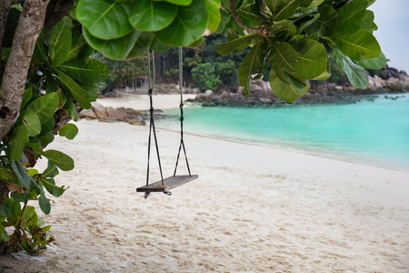 Swing hang from big tree over beach, Kohlipe Island, Thailandの写真素材