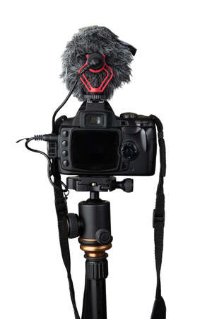 Close up of a digital video camera with mic isolated on whiteの写真素材